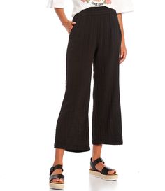 From Rip Curl&#x2C; these pants feature:High riseWide legsPull-on/elastic waistbandCropped lengthDouble gauze weaveCottonMachine wash/tumble dryImported. Summer Straight Pants With Pull-on Style, Summer Beach Bottoms With Cropped Leg, Cropped Leg Bottoms For Beach In Summer, Summer Beach Cropped Leg Bottoms, Cropped Leg Bottoms For Beach And Summer, Relaxed Fit Mid-rise Bottoms With Elastic Waistband, Casual Cropped Leg Pants For Beach, Spring Vacation Cropped Leg Bottoms, Casual Cropped Beach Pants