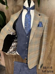 Shop for a 3-Piece Beige & Blue Notch Lapel Peak Lapel One Button Jacket Suit at Tuxedo Uomo in Los Angeles. You can find all kinds of fancy suits and ties from their Formal wear collections. Fancy Suits, Suits And Ties, Suit Fit Guide, Gq Fashion, Vest And Pants, Fancy Suit, Black Men Fashion Swag, Mens Fashion Blazer, Blue Vest