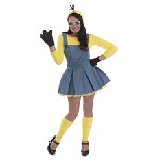 a woman in a minion costume is standing with her hands on her hips and wearing sunglasses