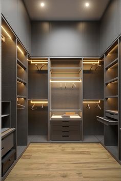 an empty walk in closet with lots of drawers