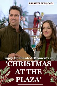 a man and woman standing next to each other in front of a christmas tree with the words enjoy enchanted moments in christmas at the plaza