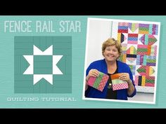 a woman is holding up two pieces of quilting material with the words fence rail star on it