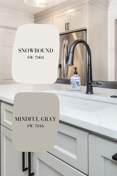 paint selections for a neutral, transitional kitchen style- featuring Sherwin Williams Snowbound (7004) and Mindful Gray (SW 7016) Mindful Grey Kitchen Cabinets, Neutral Cabinet Colors Kitchen, Cabinet Color With Gray Walls, White Walls Gray Cabinets Kitchen, Sw Snowbound Kitchen Cabinets, Sw Mindful Gray Cabinets, Mindful Gray Cabinets Kitchen, Snowbound Kitchen Walls, Snowbound Cabinets Sherwin Williams