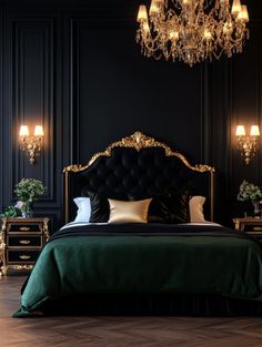 a bedroom with black walls, gold trimmings and chandelier above the bed