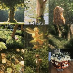 a collage of photos with fairy images and animals in them, including a cake