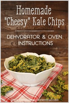 homemade cheesy kale chips in a white bowl on top of a red and white checkered table cloth