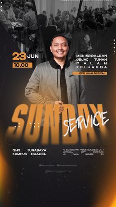 an event flyer with a man standing in front of a large crowd and the words sunday service on it