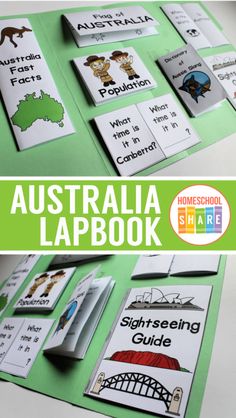 australia lapbook for kids with pictures on it and the words australia lapbook written in green