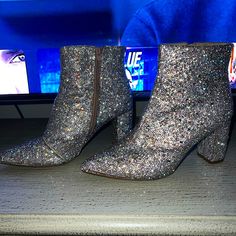 These Boots Were A Gift For My 21st Birthday For Vegas. Only Worn Three Times Glamorous Party Boots With Glitter Accents, Glitter Boots For Party Season Evenings, Glitter Boots For Evening And Party Season, Silver Sequined Boots For Party, Evening Glitter Boots For Party Season, Silver Sequined Party Boots, Shimmer Round Toe Boots For Party, Party Boots With Shimmer And Round Toe, Sparkling High Heel Boots For Party Season