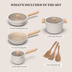 what's included in the set is shown with wooden utensils and saucepans