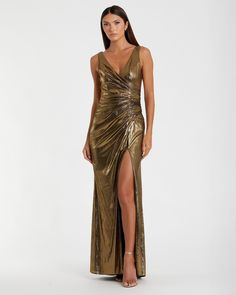 Metallic Ruched Front Slip V-Neck Gown Glamorous Ruched V-neck Evening Dress, Gold Ruched Evening Dress For Gala, Platform Bridal Shoes, Wedding Dress Jumpsuit, Watters Bridal, Mac Duggal Dress, Midi Bridesmaid Dress, Dessy Collection, Girls Dress Shop