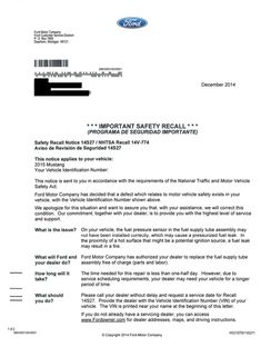 a letter from the ford motor company requesting that it may be an important safety recall