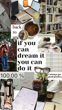 a collage of photos with books, papers and other things on it that include an image of a woman reading