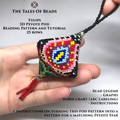 a hand holding a beaded keychain with instructions on how to make it