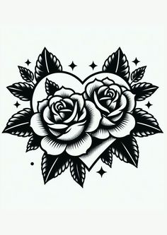 a black and white rose tattoo design with stars on the bottom, in the shape of a heart