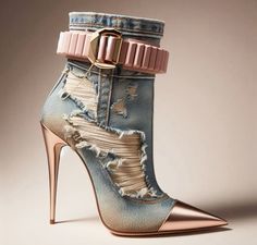 Stiletto, ankle boot, high heels, creative fashion ideas generated with artificial intelligence by Cristina Cammoranesi 👠👠👠 I Love Shoes ♥️♥️♥️ Denim Shoes Outfit, Jean Heels, Boot High Heels, Royal Blue Heels, I Love Shoes, Futuristic Shoes, Chanel Boots, Fantastic Shoes, Jeans With Heels