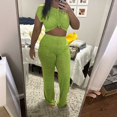 Brand New With Tags, Lime Green, Women’s Size Large 2 Piece Pant Set Green Casual Two-piece Bottoms Set, Casual High Waist Two-piece Pants Set, Casual High-waist Two-piece Pants Set, Casual Two-piece Pants Set For Day Out, Casual High Waist Two-piece Bottoms Set, Casual Green Pants For Night Out, Green Casual Bottoms For Night Out, Casual Green Bottoms For Night Out, 2 Piece Pant Set