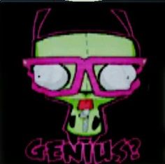 an image of a cartoon character with pink glasses and the word genius written on it