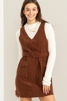 Corduroy belted mini dress -woven -lightweight -fabric content - 1005 polyester Dress Ribbon, Sweat Joggers, Dressy Pants, Corduroy Dress, Brown Dress, Getting Cozy, Fall Looks, Denim Pant, Cardigan Jacket