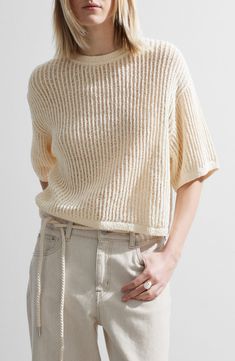 Balmy breezes flow through an open-stitch sweater knit from cotton yarn in an on-trend boxy silhouette. 20" length (size Small) Crewneck Elbow-length sleeves Ribbed cuffs and hem Semisheer 100% cotton Dry clean Imported Chic Cotton Textured Knit Sweater, Chic Textured Knit Cotton Sweater, Spring Textured Knit Cotton Cropped Sweater, Affordable Zara Cotton Sweater, White Textured Knit Cropped Cotton Sweater, Cream Open Knit Cotton Sweater, Open Stitch Sweater, Knitwear Trends, Summer Sweaters