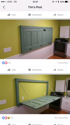 two pictures of the same room with different things in it and one has a window