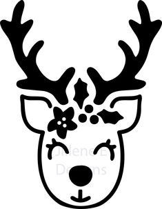 a black and white drawing of a deer's head with flowers in its antlers