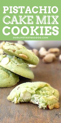 pistachio cake mix cookies stacked on top of each other with the title overlay