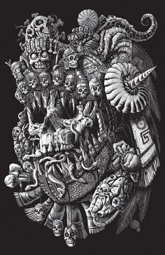 a black and white drawing of a skull surrounded by other skulls on a black background