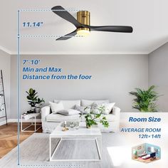 the ceiling fan is shown with measurements for it's size and width in this living room