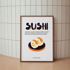 a poster with sushi written on it in front of a tiled wall and floor