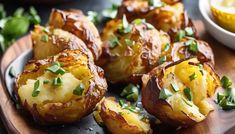 baked potatoes with herbs on a wooden plate