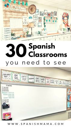 the words 30 spanish classroom you need to see in front of a whiteboard with pictures on it