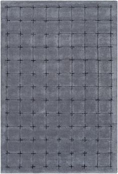 a gray rug with squares and crosses on the bottom, in front of a white background