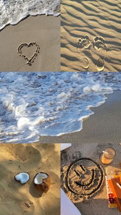 the beach is covered in sand and has two hearts drawn on it