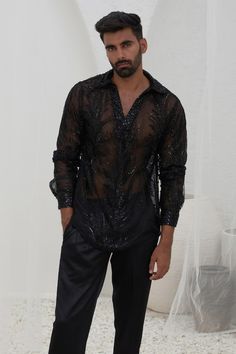 Black full sleeves sheer net shirt with all over cordelia bloom sequin embroideries. - Aza Fashions Matching Lehenga, Black Pleated Pants, Mahima Mahajan, Parker Outfit, Net Embroidery, Nyc Studio, Vacuum Storage, Indian Wedding Wear, Grand Entrance