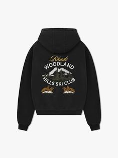 WOODLAND HILLS SKI HOODIE – R H U D E Film Gift, Ski Club, Woodland Hills, Swimwear Dress, Mens Tee Shirts, Full Zip Hoodie, Quarter Zip, Mens Tees, Dress Accessories