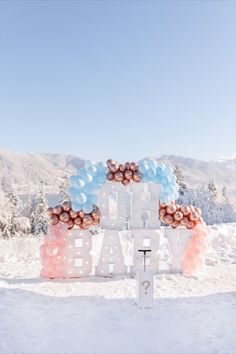 a sign that says it's a baby in front of some snow covered mountains