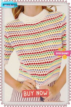 Bee Crochet Knit Top - Multi Strip Trendy Crochet Sweater For Spring, Multicolor Pointelle Knit Sweater For Spring, Spring Knitted Crew Neck Tops, Spring Crew Neck Knitted Tops, Spring Crochet Crew Neck Sweater, Multicolor Open Knit Spring Sweater, Multicolor Open Knit Sweater For Spring, Casual Spring Knitting Pattern, Multicolor Crochet Crew Neck Top