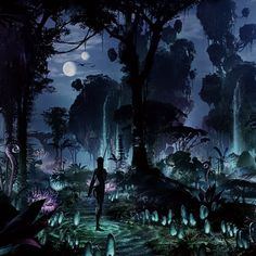 a man standing in the middle of a forest filled with plants and trees at night