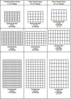 the printable grid sheet for wedding cakes is shown in black and white, with different sizes