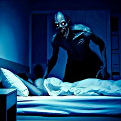 a creepy looking person in bed with blue light