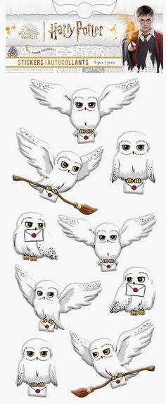 the harry potter stickers are all white and have different designs on them, including an owl