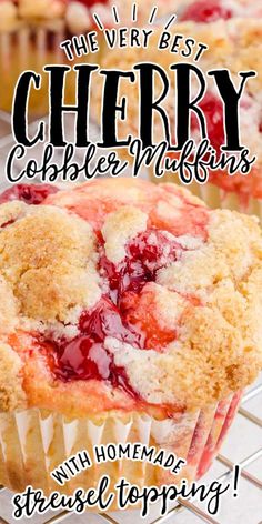 These cherry cobbler muffins are absolutely scrumptious, packed with juicy cherries and topped with a crumbly, sweet streusel. They look like mini coffee cakes and would be perfect for breakfast or dessert. Easy Cherry Cobbler, Cobbler Muffins, Muffin Flavors, Sweet Muffins, Canning Cherry Pie Filling, Bakery Style Muffins, Dessert For Breakfast, Sweet Muffin