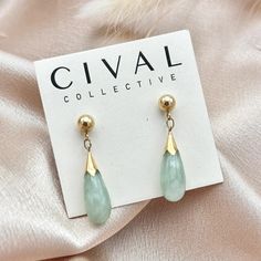 14k Jade Earrings – CIVAL Collective Teardrop Jade Earrings For Formal Occasions, Elegant Teardrop Jade Jewelry, Elegant Jade Drop Jewelry, Elegant Teardrop Jade Earrings, Elegant Jade Teardrop Earrings, Teardrop Jade Earrings With Natural Stones, Teardrop Jade Gemstone Earrings, Traditional Handmade Jade Earrings, Hypoallergenic Dangle Jade Earrings