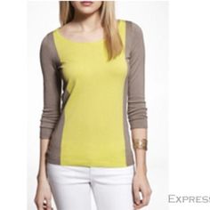 Nwot Condition! Express Lightweight Sweater With 3/4 Length Sleeves. Yellow Color Block Long Sleeve Top, Yellow Tops For Workwear In Fall, Yellow Tops For Fall Workwear, Fitted Crew Neck Sweater With Color Block, Yellow Top For Layering In Fall, Yellow Color Block Tops For Fall, Yellow Sweater For Spring Layering, Fitted Yellow Tops For Layering, Yellow Fitted Sweater For Layering