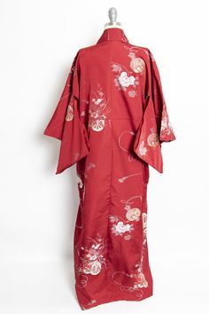 "A gorgeous vintage 1950s-60s Japanese long length kimono robe. Heavy weight deep raspberry red rayon crepe features a classic design with metallic lame threads. Features wide, long sleeves and open relaxed fit. No closures. Lined in rayon. Label: None Fits like size: S-L - shown on a modern sz 4 mannequin Bust: 44\" Length: 67\" Shoulder: 24\" Sleeve: 12.5\" Condition: Excellent. Please do not hesitate to convo with any questions. We upload large pictures - Simply click on each picture for a cl Vintage Red Long Kimono, Vintage Long Red Kimono, Red Long Kimono For Wedding, Long Red Kimono For Wedding, Vintage Red Kimono For Tea Ceremony, Vintage Red Kimono For Wedding, Traditional Long Red Robe, Nude Slip Dress, Kimono Japanese