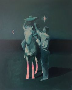 a painting of two people standing next to a horse at night with the moon in the sky