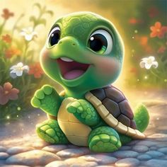 a cartoon turtle sitting on top of a stone covered ground with flowers in the background