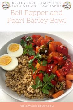 a white bowl filled with rice, vegetables and hard boiled eggs on top of it