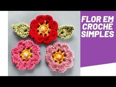 three crocheted flowers with the words florem crochet simples